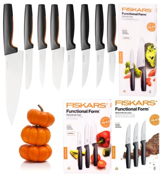 FISKARS FUNCTIONAL FORM 1057556+1057557+1057564 Komplet 8 noży kuchennych (3+2+3) FAVOURITE SET w pudełku / stal nierdzewna