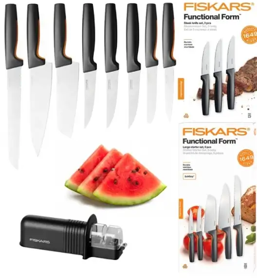 FISKARS FUNCTIONAL FORM 1057558+1057564 Komplet 8 noży (5+3) w pudełkach + ostrzałka ESSENTIAL