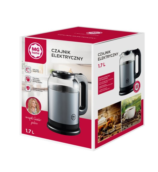 MG HOME | CZAJNIK ELEKTRYCZNY 1,7 L STALOWO-SZKLANY SZARY