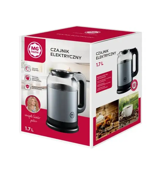 MG HOME | CZAJNIK ELEKTRYCZNY 1,7 L STALOWO-SZKLANY SZARY