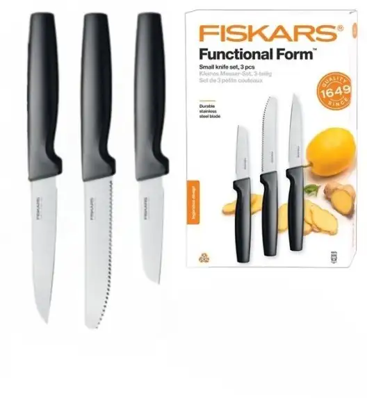 FISKARS FUNCTIONAL FORM 1057561+1057564 Komplet 6 noży kuchennych w pudełkach + ostrzałka ESSENTIAL