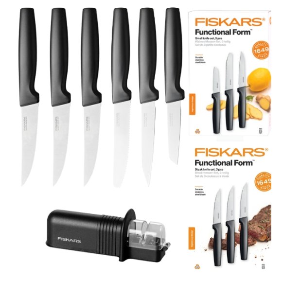 FISKARS FUNCTIONAL FORM 1057561+1057564 Komplet 6 noży kuchennych w pudełkach + ostrzałka ESSENTIAL