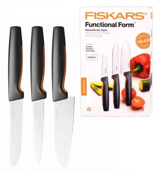 FISKARS FUNCTIONAL FORM 1057556+1057564 Komplet 6 noży kuchennych (3+3) w pudełkach + ostrzałka ESSENTIAL