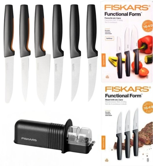 FISKARS FUNCTIONAL FORM 1057556+1057564 Komplet 6 noży kuchennych (3+3) w pudełkach + ostrzałka ESSENTIAL