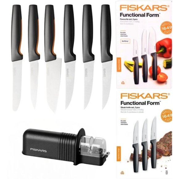 FISKARS FUNCTIONAL FORM 1057556+1057564 Komplet 6 noży kuchennych (3+3) w pudełkach + ostrzałka ESSENTIAL