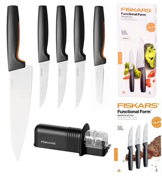 FISKARS FUNCTIONAL FORM 1057557+1057564 Komplet 5 noży kuchennych (2+3) w pudełkach + ostrzałka ESSENTIAL