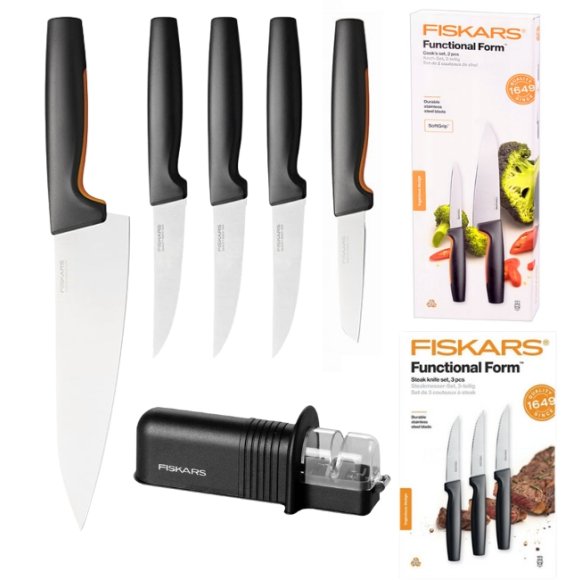 FISKARS FUNCTIONAL FORM 1057557+1057564 Komplet 5 noży kuchennych (2+3) w pudełkach + ostrzałka ESSENTIAL