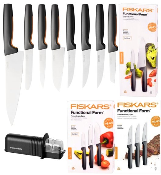 FISKARS FUNCTIONAL FORM 1057556+1057557+1057564 Komplet 8 noży kuchennych (3+2+3) w pudełkach + ostrzałka ESSENTIAL