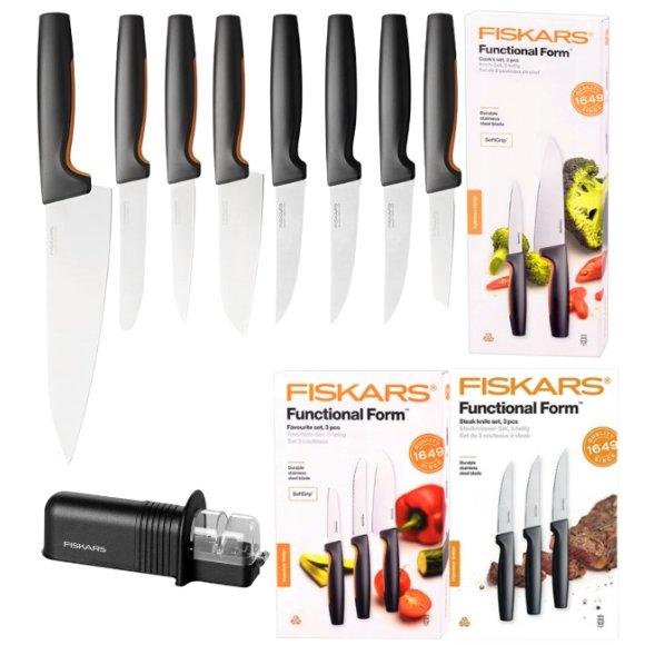 FISKARS FUNCTIONAL FORM 1057556+1057557+1057564 Komplet 8 noży kuchennych (3+2+3) w pudełkach + ostrzałka ESSENTIAL