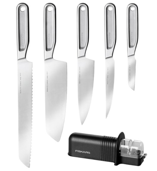 FISKARS ALL STEEL Komplet 5 noży kuchennych + Ostrzałka ESSENTIAL | japońska stal nierdzewna