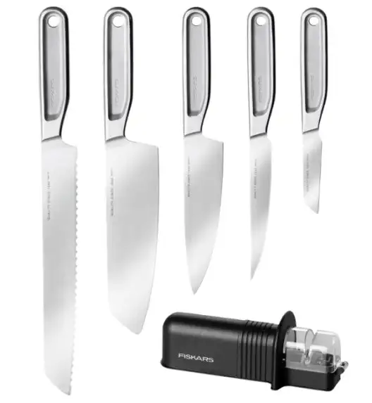 FISKARS ALL STEEL Komplet 5 noży kuchennych + Ostrzałka ESSENTIAL | japońska stal nierdzewna