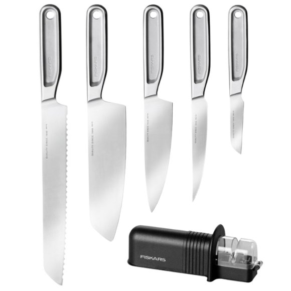 FISKARS ALL STEEL Komplet 5 noży kuchennych + Ostrzałka ESSENTIAL | japońska stal nierdzewna