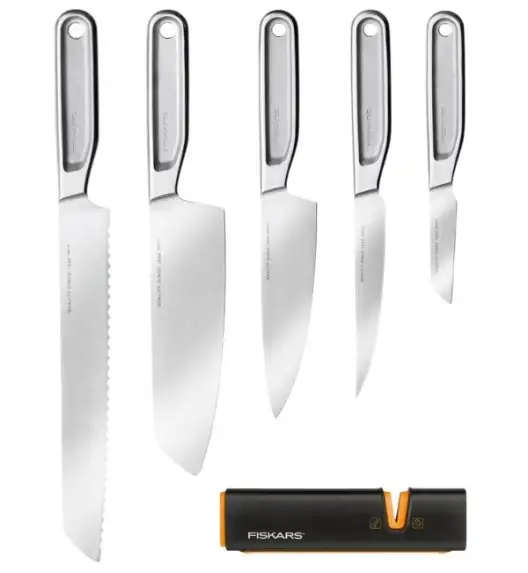 FISKARS ALL STEEL Komplet 5 noży kuchennych + Ostrzałka EDGE | japońska stal nierdzewna
