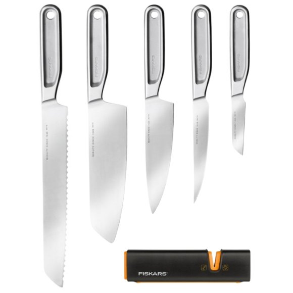 FISKARS ALL STEEL Komplet 5 noży kuchennych + Ostrzałka EDGE | japońska stal nierdzewna
