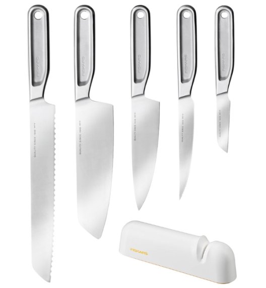 FISKARS ALL STEEL Komplet 5 noży kuchennych + Ostrzałka FF | japońska stal nierdzewna