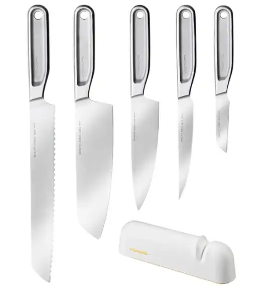 FISKARS ALL STEEL Komplet 5 noży kuchennych + Ostrzałka FF | japońska stal nierdzewna