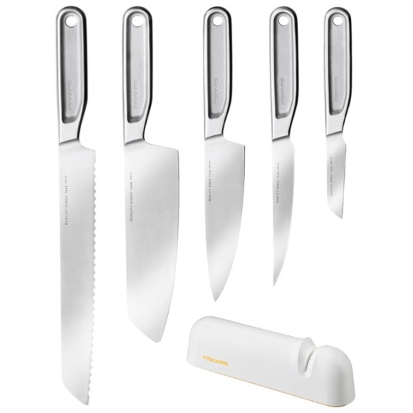 FISKARS ALL STEEL Komplet 5 noży kuchennych + Ostrzałka FF | japońska stal nierdzewna