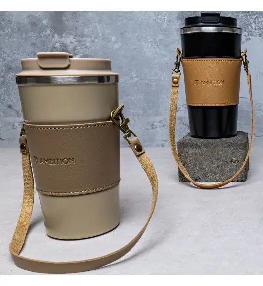 AMBITION | CAMEL KUBEK TERMICZNY 500 ML Z PASKIEM CZARNO BRĄZOWY