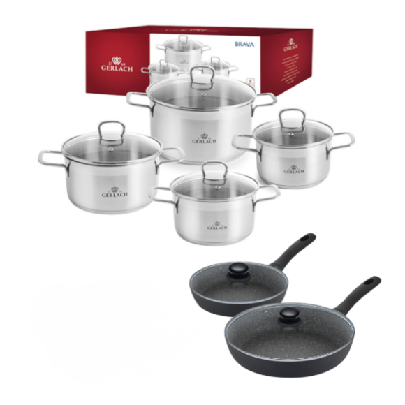 GERLACH BRAVA Komplet Garnki z pokrywkami 8 el + patelnie Gerlach Granitex 28, 20 cm + pokrywki uniwersalne 20,28 cm