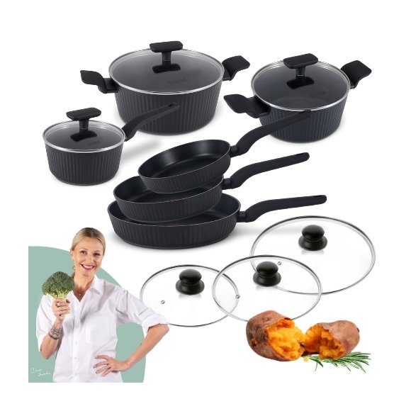 STUTSA | VARMA Komplet garnków 6 el (R16, 20, 24 cm) + 3 patelnie thermo spot (20, 24, 28 cm) + 3 pok uni