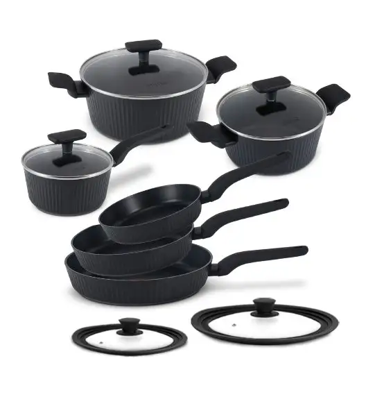 STUTSA | VARMA Komplet garnków 6 el (R16, 20, 24 cm) + 3 patelnie thermo spot (20, 24, 28 cm) + pok silikon PSUM+D
