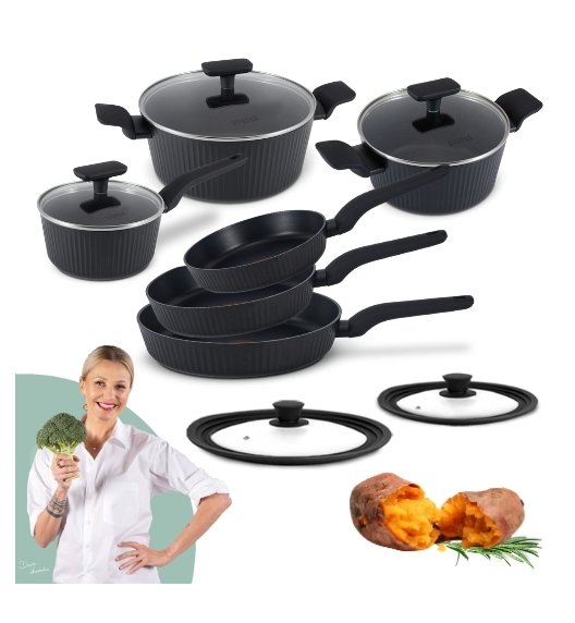 STUTSA | VARMA Komplet garnków 6 el (R16, 20, 24 cm) + 3 patelnie thermo spot (20, 24, 28 cm) + pok silikon PSUM+D