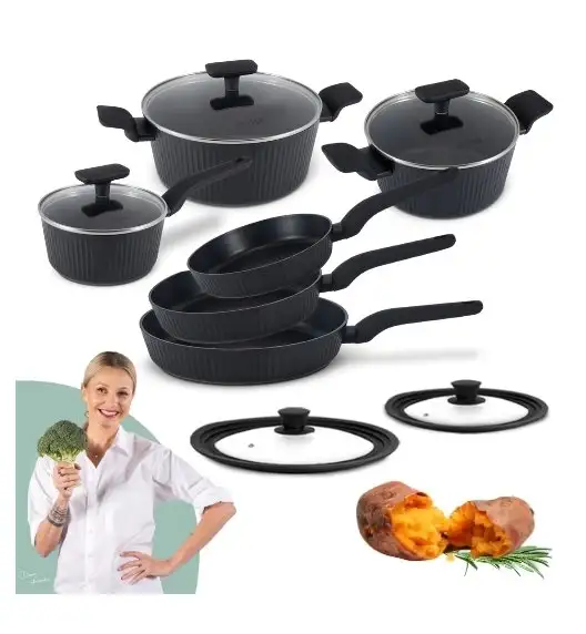 STUTSA | VARMA Komplet garnków 6 el (R16, 20, 24 cm) + 3 patelnie thermo spot (20, 24, 28 cm) + pok silikon PSUM+D