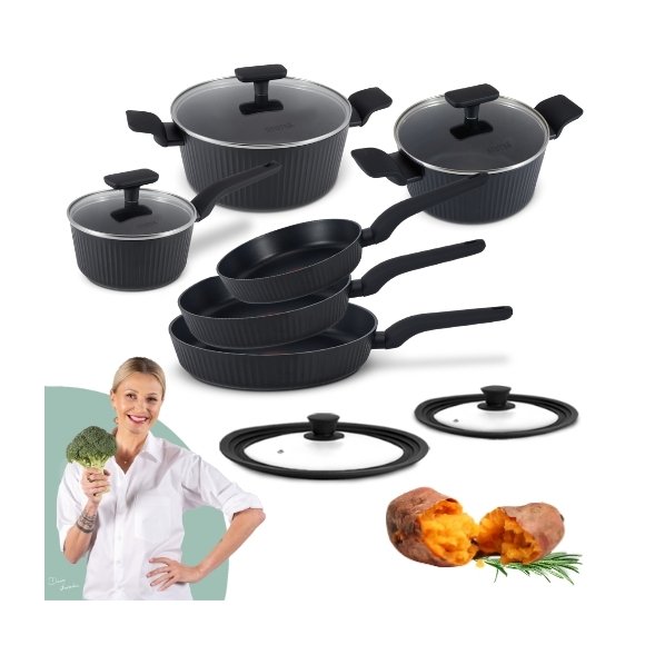 STUTSA | VARMA Komplet garnków 6 el (R16, 20, 24 cm) + 3 patelnie thermo spot (20, 24, 28 cm) + pok silikon PSUM+D