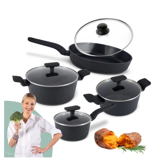 STUTSA | VARMA Komplet garnków 6 el (R16, 20, 24 cm) + patelnia thermo spot 28 cm + pok uni