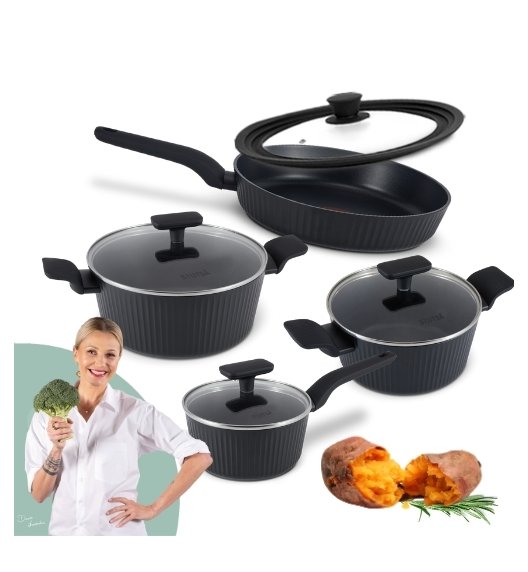 STUTSA | VARMA Komplet garnków 6 el (R16, 20, 24 cm) + patelnia thermo spot 28 cm + pokrywka 3w1