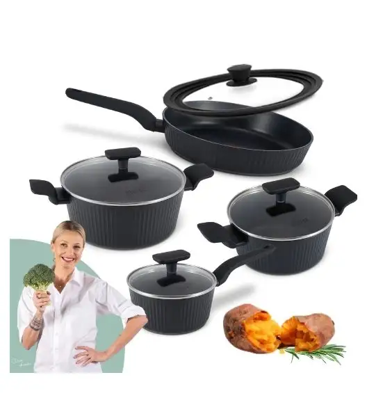 STUTSA | VARMA Komplet garnków 6 el (R16, 20, 24 cm) + patelnia thermo spot 28 cm + pokrywka 3w1