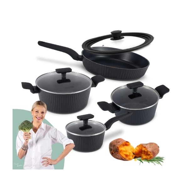 STUTSA | VARMA Komplet garnków 6 el (R16, 20, 24 cm) + patelnia thermo spot 28 cm + pokrywka 3w1