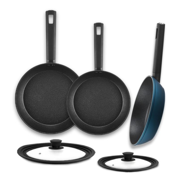 AMBITION AZZURRO Komplet patelni 20, 24, 28 cm + Pokrywki z silikonowym rantem / INDUKCJA