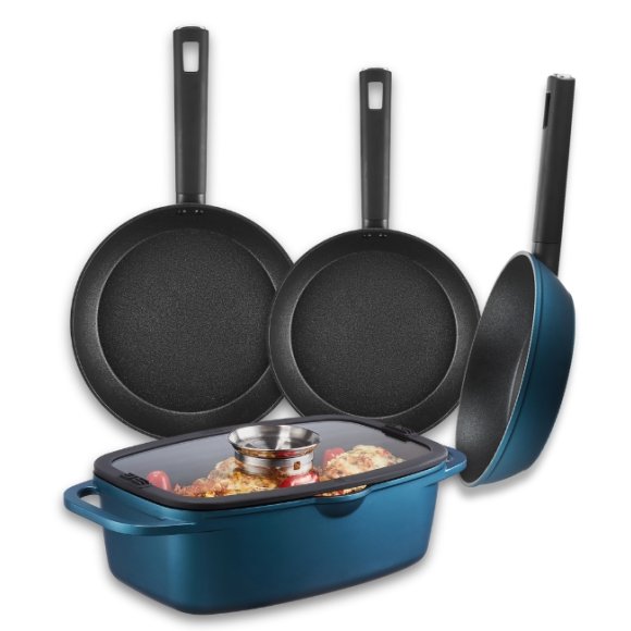 AMBITION AZZURRO Komplet patelni 20, 24, 28 cm + Brytfanna 32x21 cm / INDUKCJA