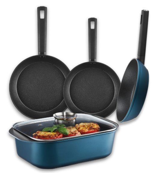 AMBITION AZZURRO Komplet patelni 20, 24, 28 cm + Brytfanna 40x26 cm / INDUKCJA