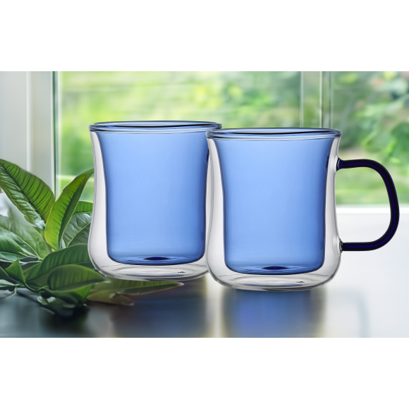 MG HOME DECO ZESTAW SZKLANEK KOLOROWYCH DOUBLE WALL Z KOLOROWYM UCHEM 2x300ML (NIEBIESKIE)