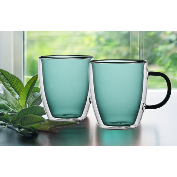 MG HOME DECO ZESTAW SZKLANEK KOLOROWYCH DOUBLE WALL Z KOLOROWYM UCHEM 2x300ML (ZIELONE)