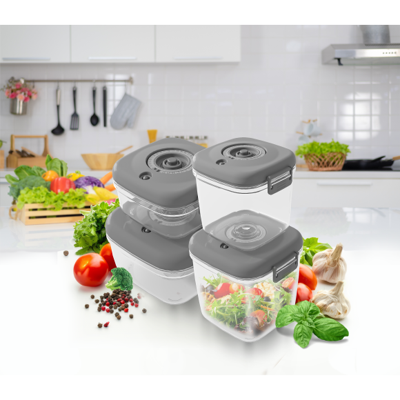 MG HOME CLEVER KITCHEN ZESTAW 4 POJEMNIKÓW HERMETYCZNYCH z pompka (SZARE)