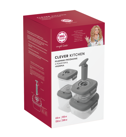 MG HOME CLEVER KITCHEN ZESTAW 4 POJEMNIKÓW HERMETYCZNYCH z pompka (SZARE)