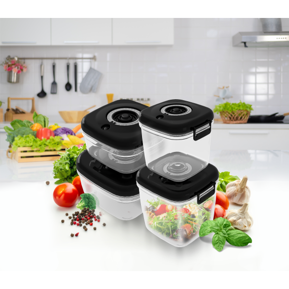 MG HOME CLEVER KITCHEN ZESTAW 4 POJEMNIKÓW HERMETYCZNYCH z pompką (CZARNE)