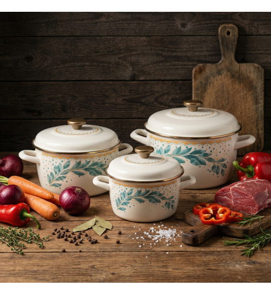 METALAC | Green Line Komplet 3 garnków z pokrywkami / emaliowane