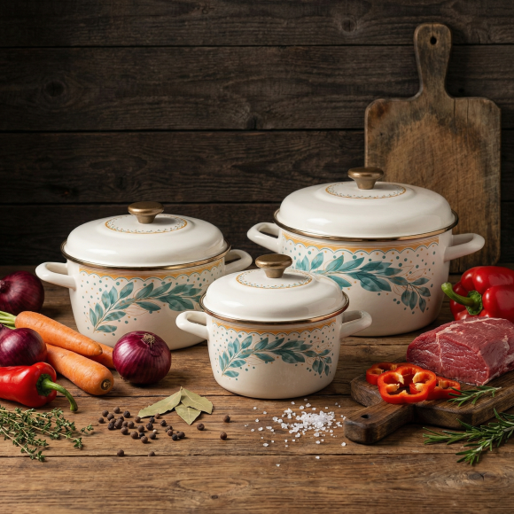 METALAC | Green Line Komplet 3 garnków z pokrywkami / emaliowane