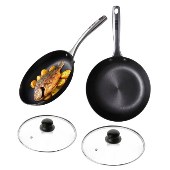 SKOTTSBERG | CAST IRON | Zestaw 2 patelnie 24, 28 cm ŻELIWNE + Pokrywki szklane Tadar