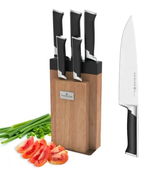 ZWIEGER DECCO Komplet 5 noży w bloku drewnianym + Ostrzałka Rapid / stal nierdzewna + drewno kauczukowe