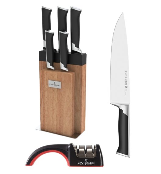 ZWIEGER DECCO Komplet 5 noży w bloku drewnianym + Ostrzałka Rapid / stal nierdzewna + drewno kauczukowe