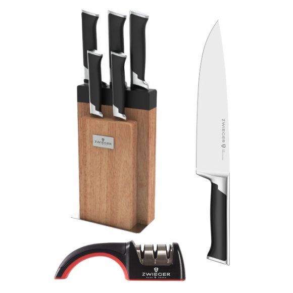 ZWIEGER DECCO Komplet 5 noży w bloku drewnianym + Ostrzałka Rapid / stal nierdzewna + drewno kauczukowe