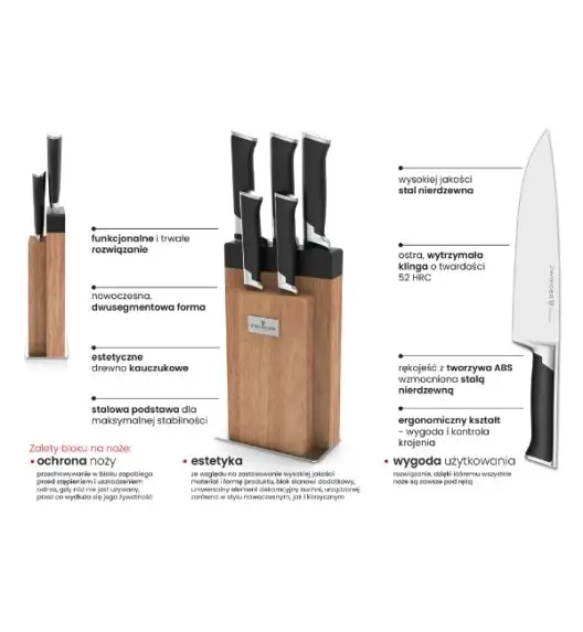 ZWIEGER DECCO Komplet 5 noży w bloku drewnianym + Ostrzałka Starke Pro / stal nierdzewna + drewno kauczukowe