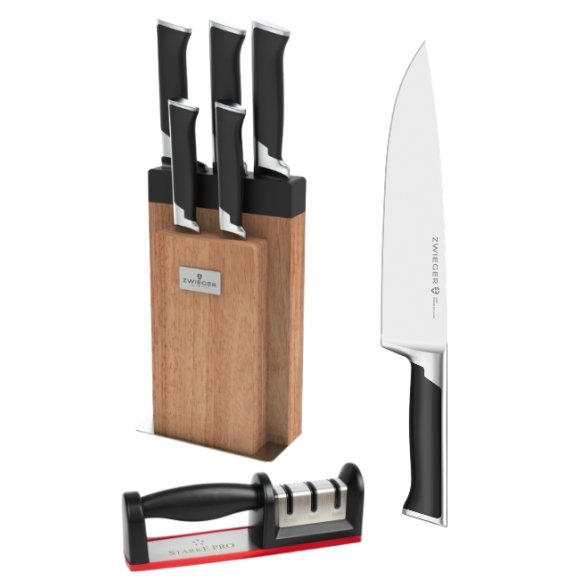 ZWIEGER DECCO Komplet 5 noży w bloku drewnianym + Ostrzałka Starke Pro / stal nierdzewna + drewno kauczukowe