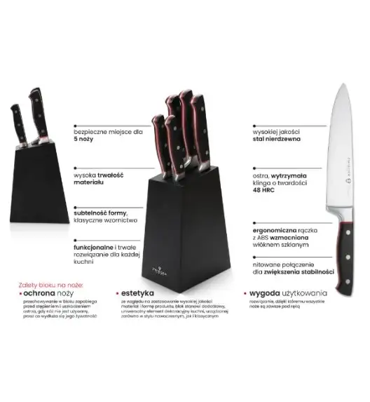 ZWIEGER KLASSIKER Komplet 5 noży w bloku czarnym + Ostrzałka Starke Pro / stal nierdzewna + tworzywo MDF