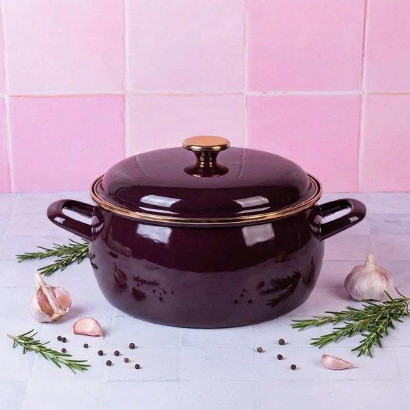 METALAC | BORDEAUX Niski garnek emaliowany z emaliowaną pokrywką 24 cm 5L, bordowy